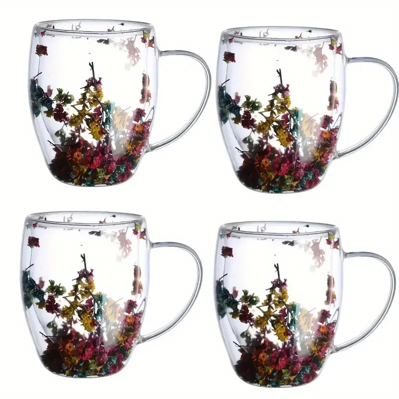 4 pieces, flower inside glass coffee cup, double