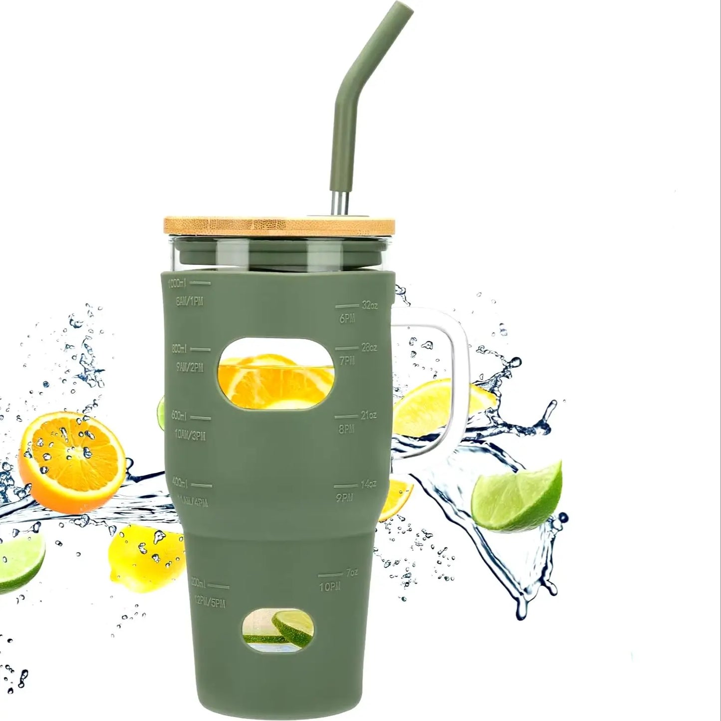 32oz Glass Water Bottle, Glass Drum With Lid