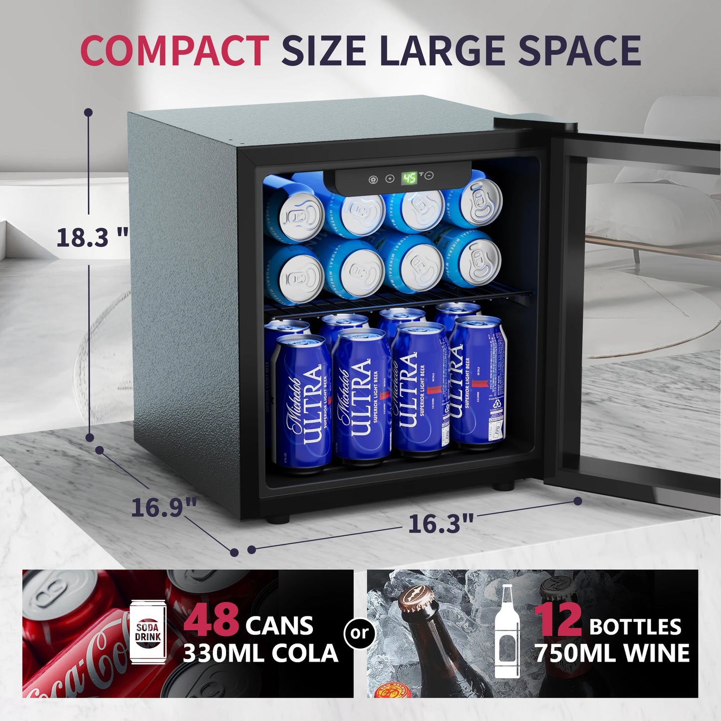 Mini Fridge 1.3 cu.ft 48 Can Beverage Refrigerator Cooler For