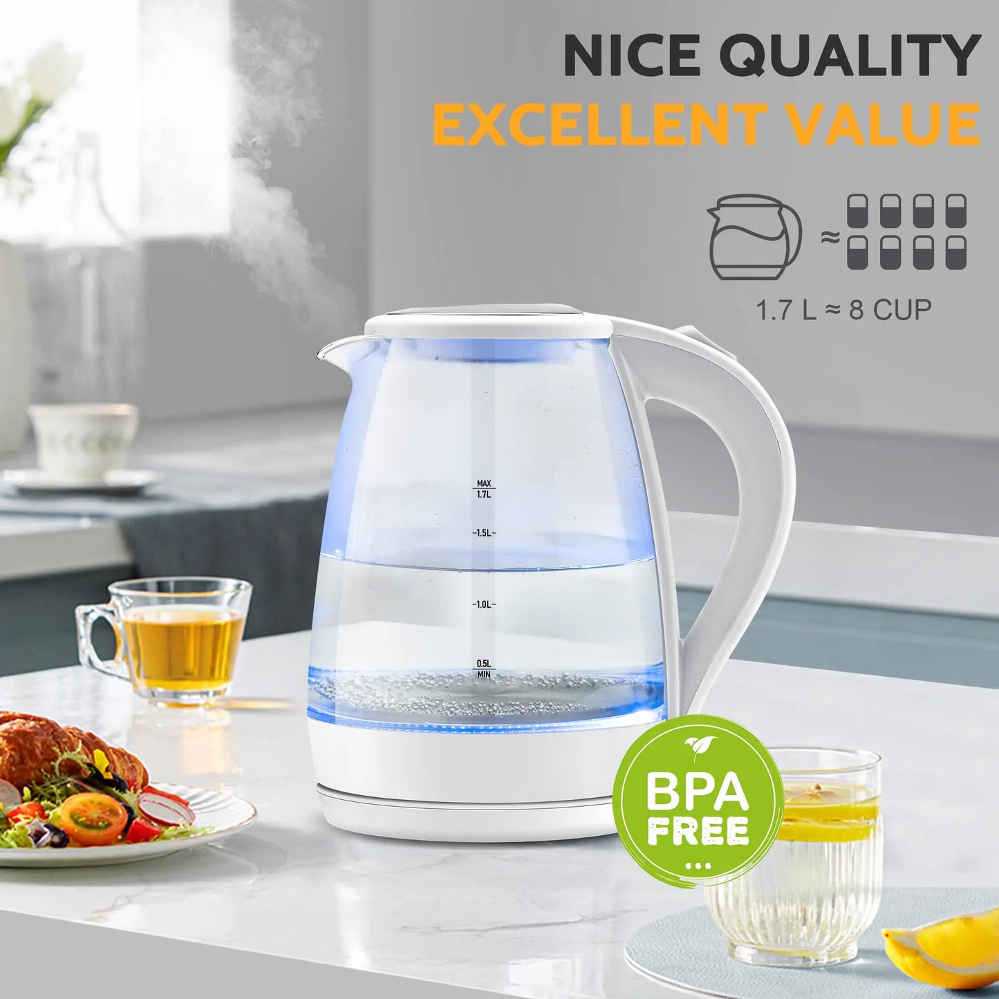 Electric Tea Kettle -  1.7L Borosilicate Glass Electric Kettle