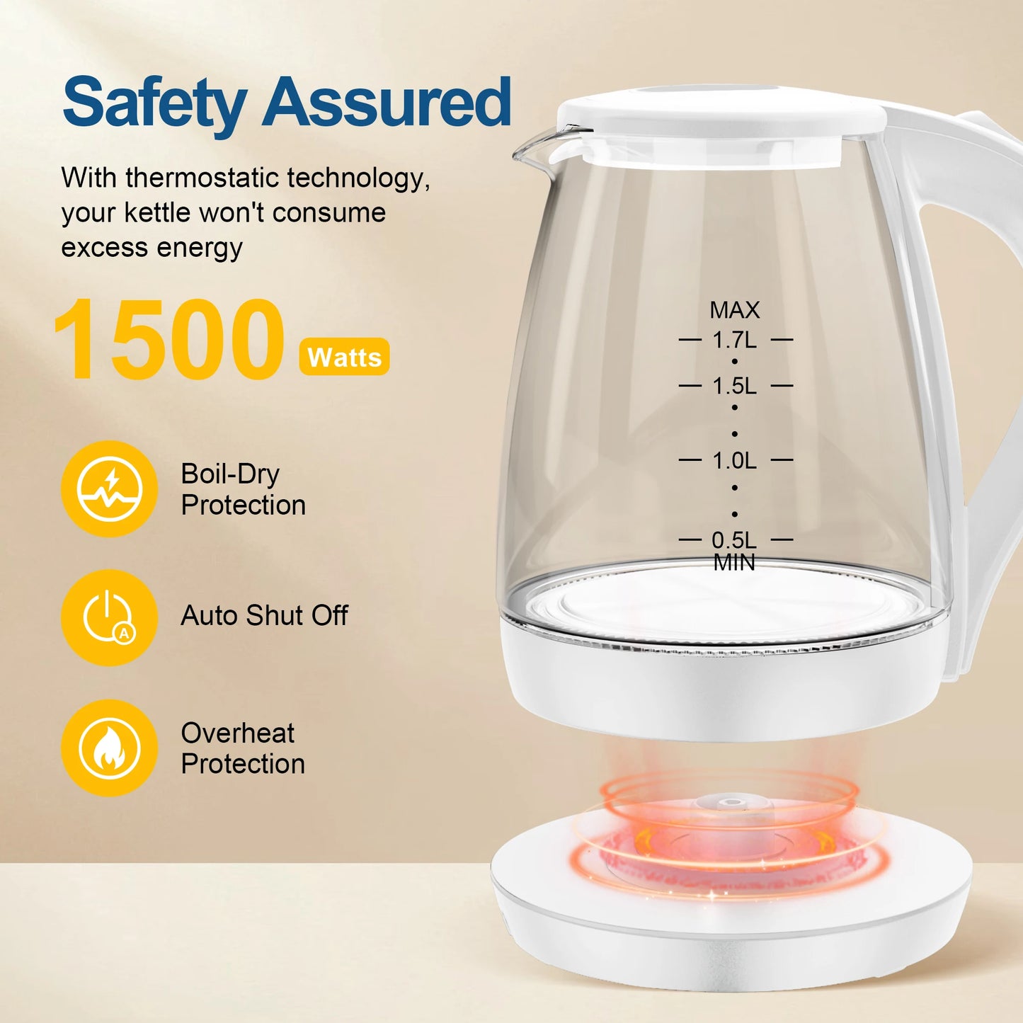 Electric Tea Kettle -  1.7L Borosilicate Glass Electric Kettle