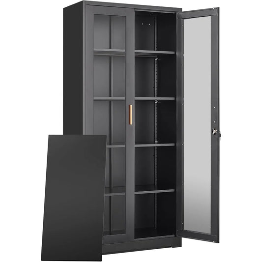 71''Glass Display Cabinet, Black Curio Cabinet With