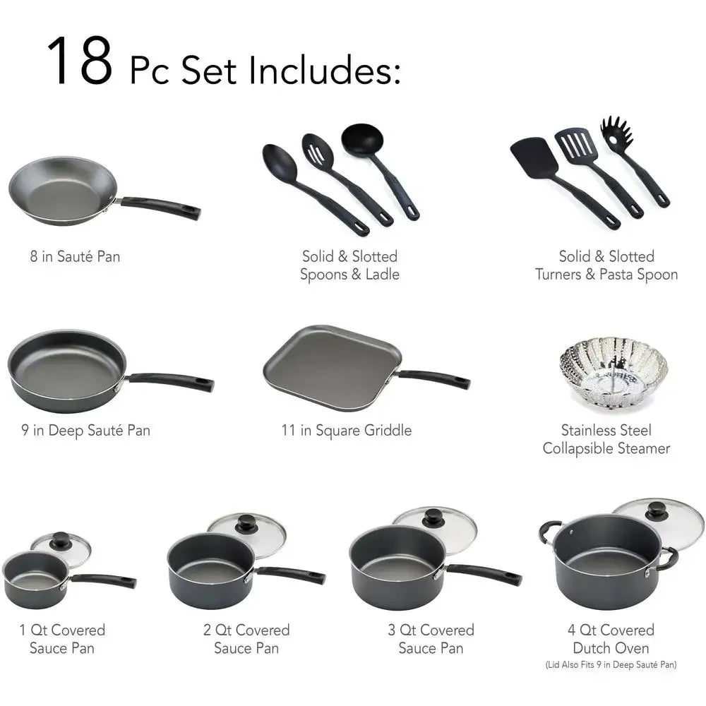 18-Piece Stainless Steel Nonstick Cookware Set Gray