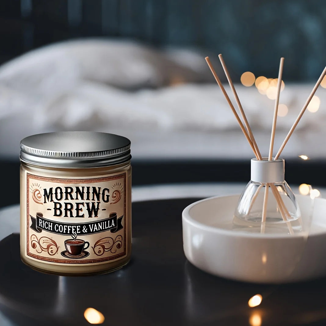 Morning Brew Rich Coffee and Vanilla Scented Candle, Hand Poured Soy Wax, Single Wick, Resin Jar with Glitter Decoration, for Ho