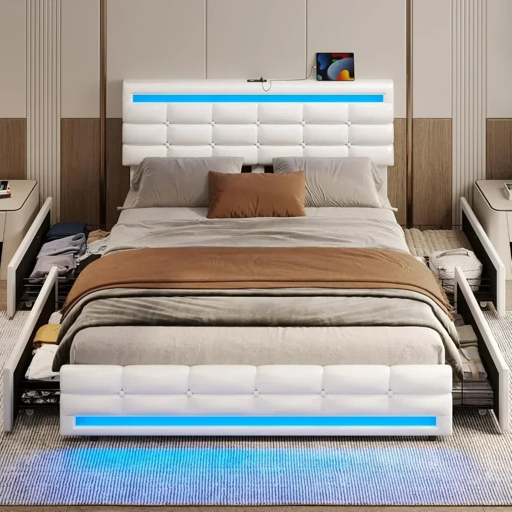 Bed Frame with Drawers, LED Bed Frame