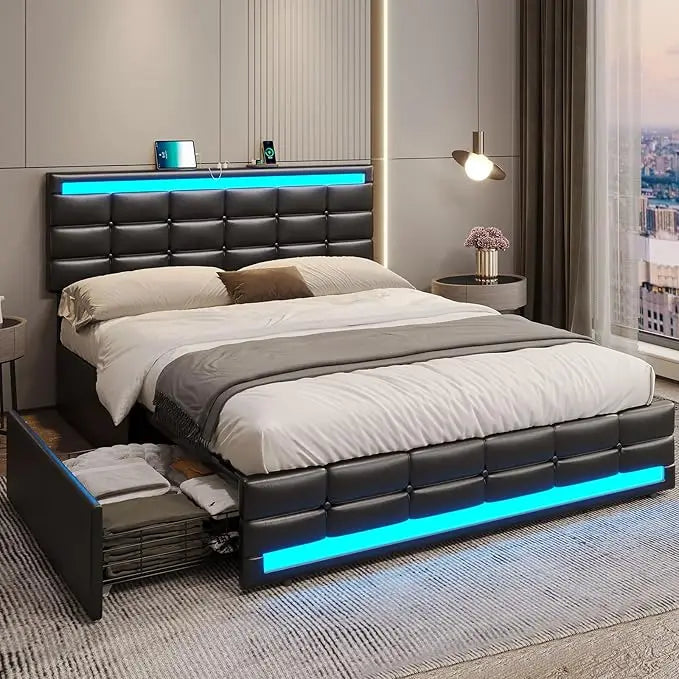 Bed Frame with Drawers, LED Bed Frame