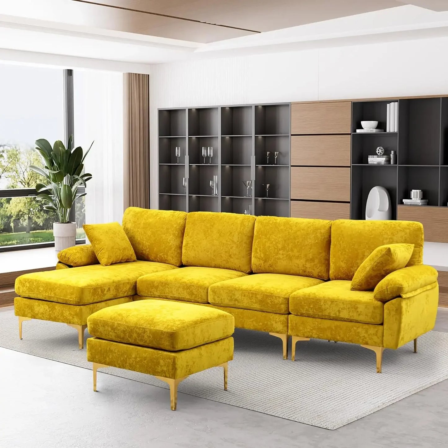 U-Shaped Sectional Sofa Couch, 4 Seat Sofa Set for Living Room, Convertible L-Shaped Velvet Couch Set with Chaise Lounge