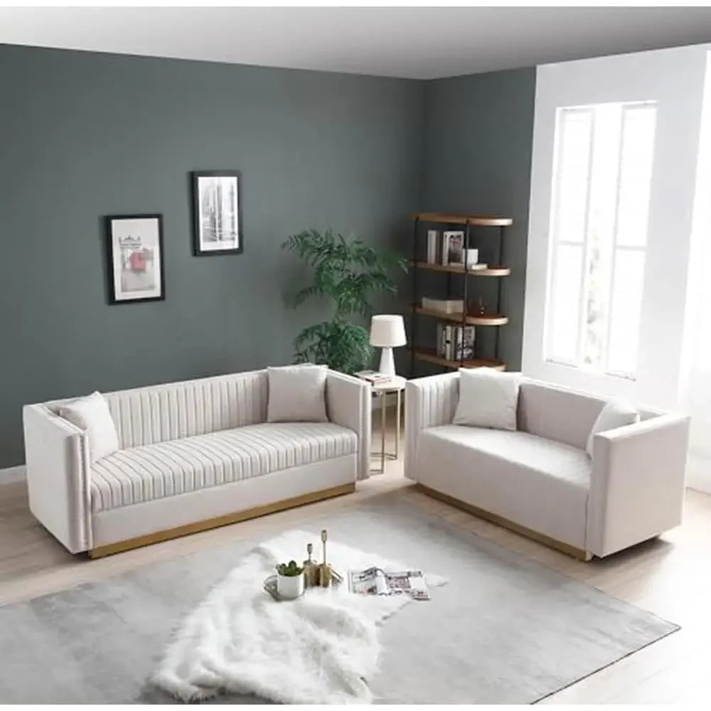 Velvet Channel Tufted Sofa Set With Nail