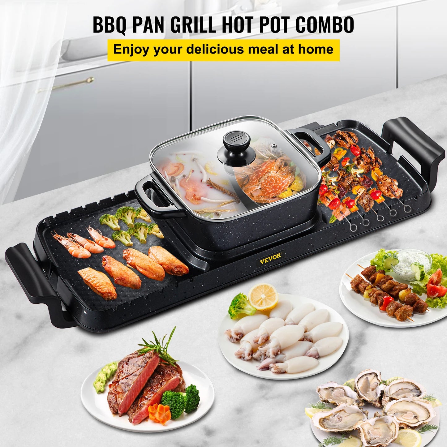 2in1 Electric BBQ Pan Grill Hot Pot 2400W Multifunction