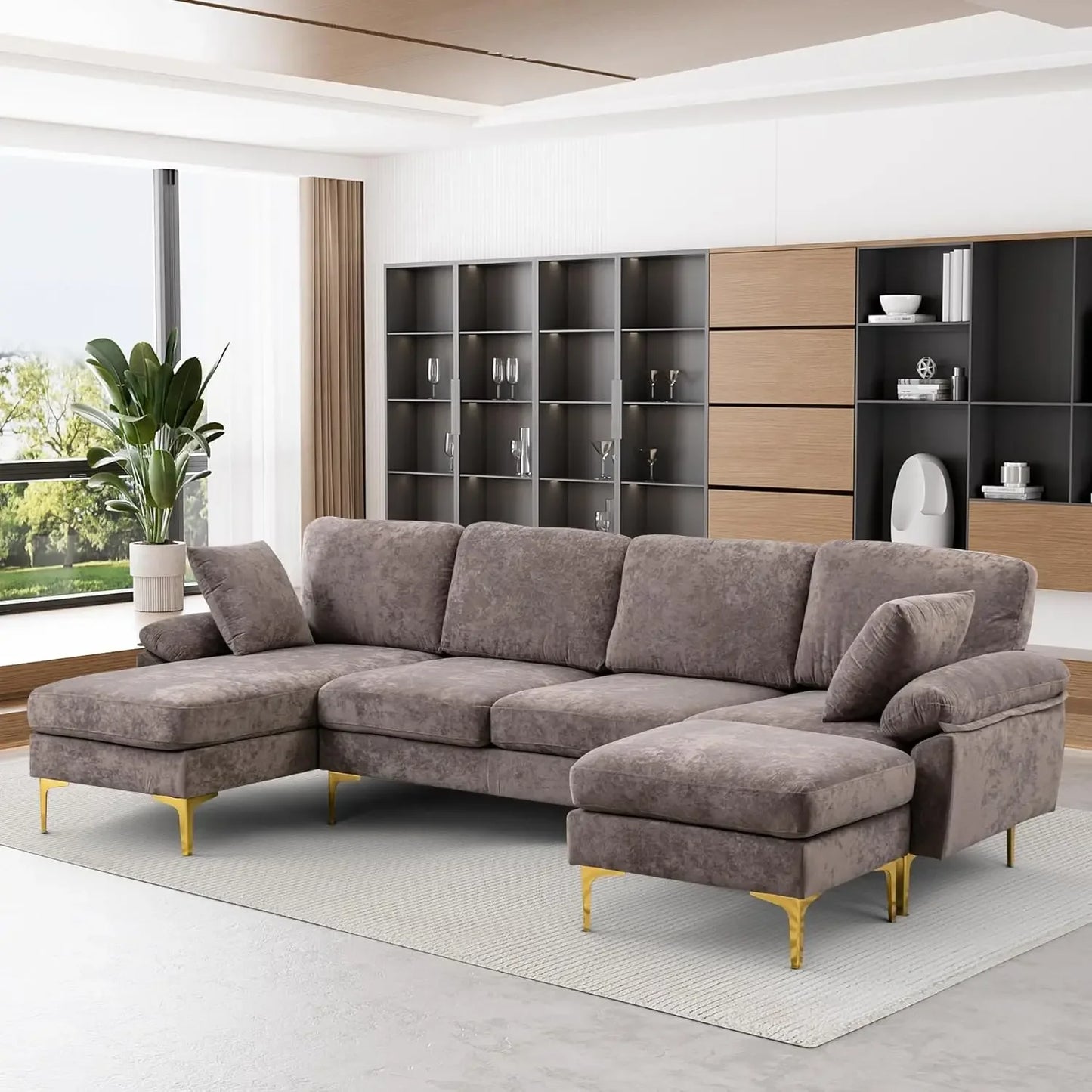 U-Shaped Sectional Sofa Couch, 4 Seat Sofa Set for Living Room, Convertible L-Shaped Velvet Couch Set with Chaise Lounge