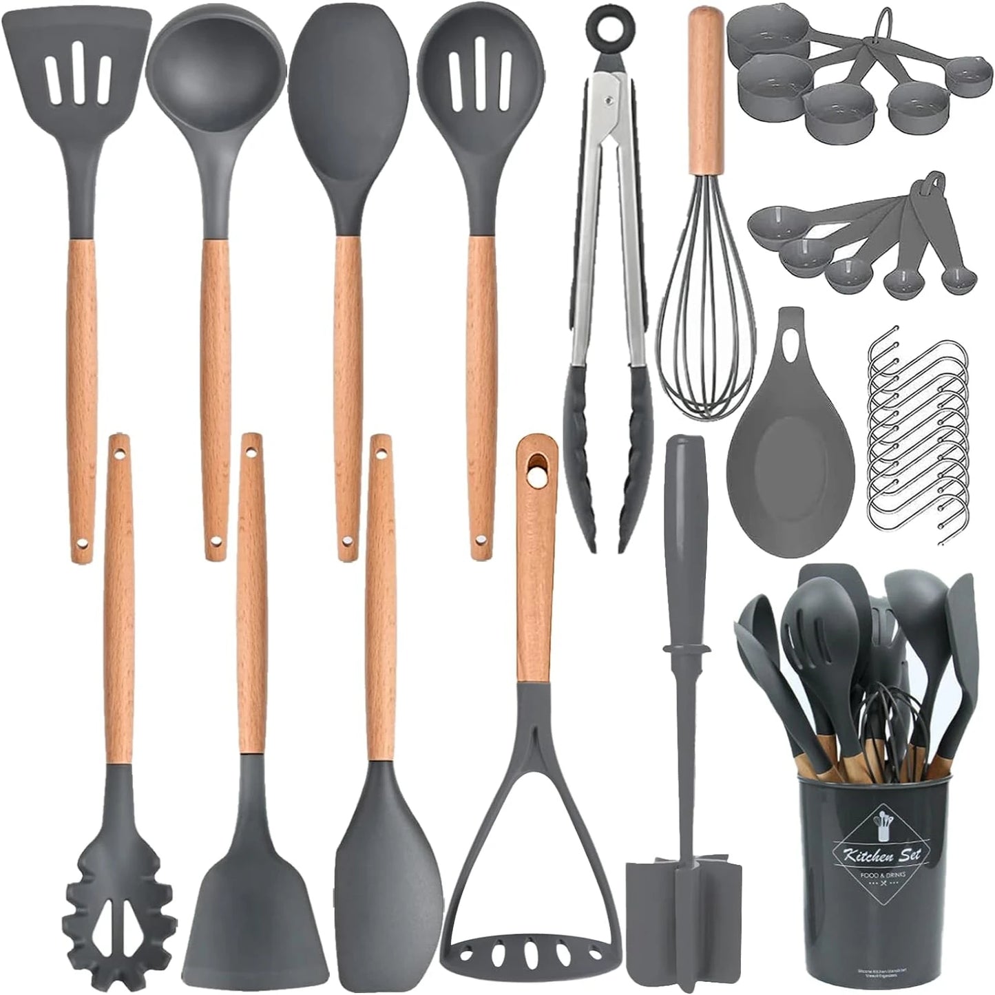 Silicone Cooking Utensils  Utensil Set, Wooden Handle