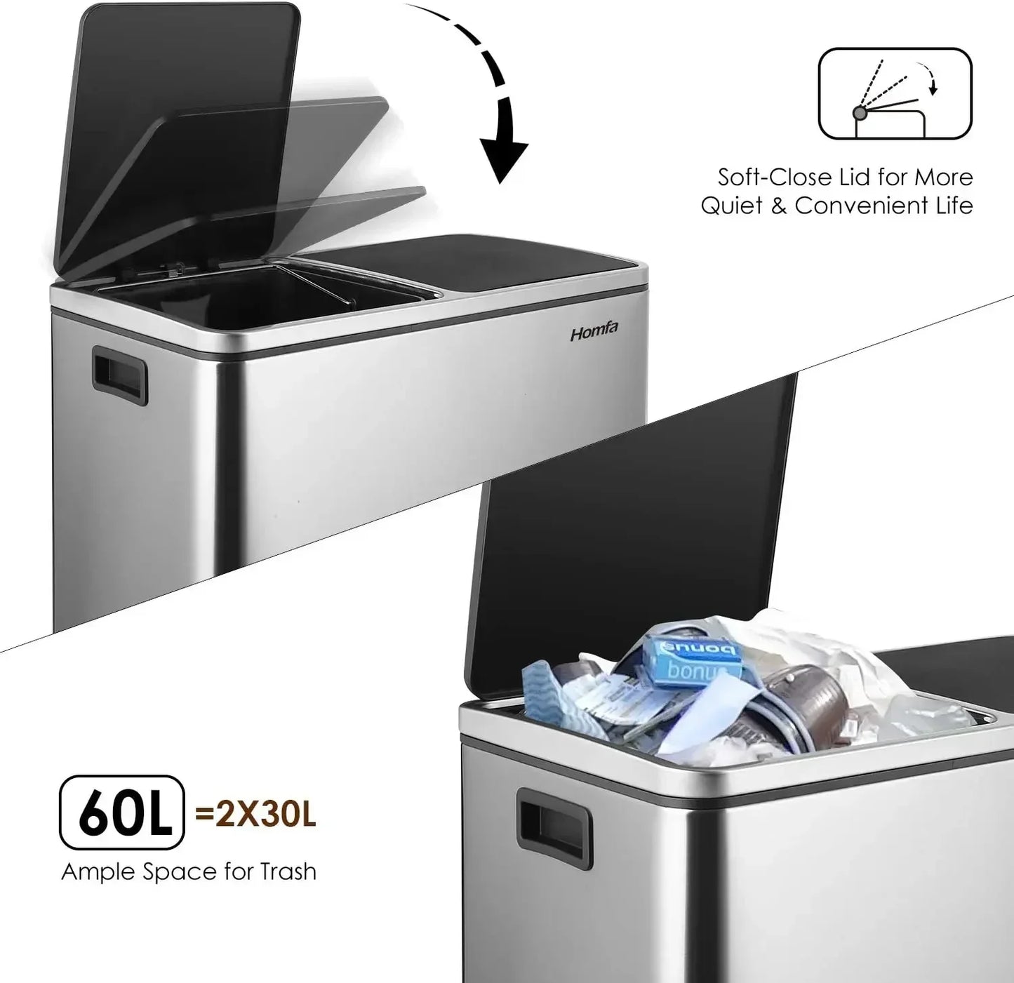 60L/16Gal Rectangular Hands-Free Dual Compartment Recycling