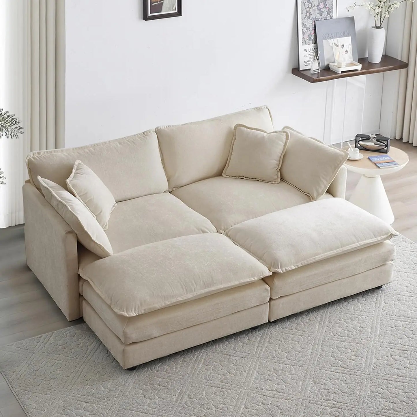 76.7" Deep Seat Sectional Cloud Sofa With 2 Ottomans