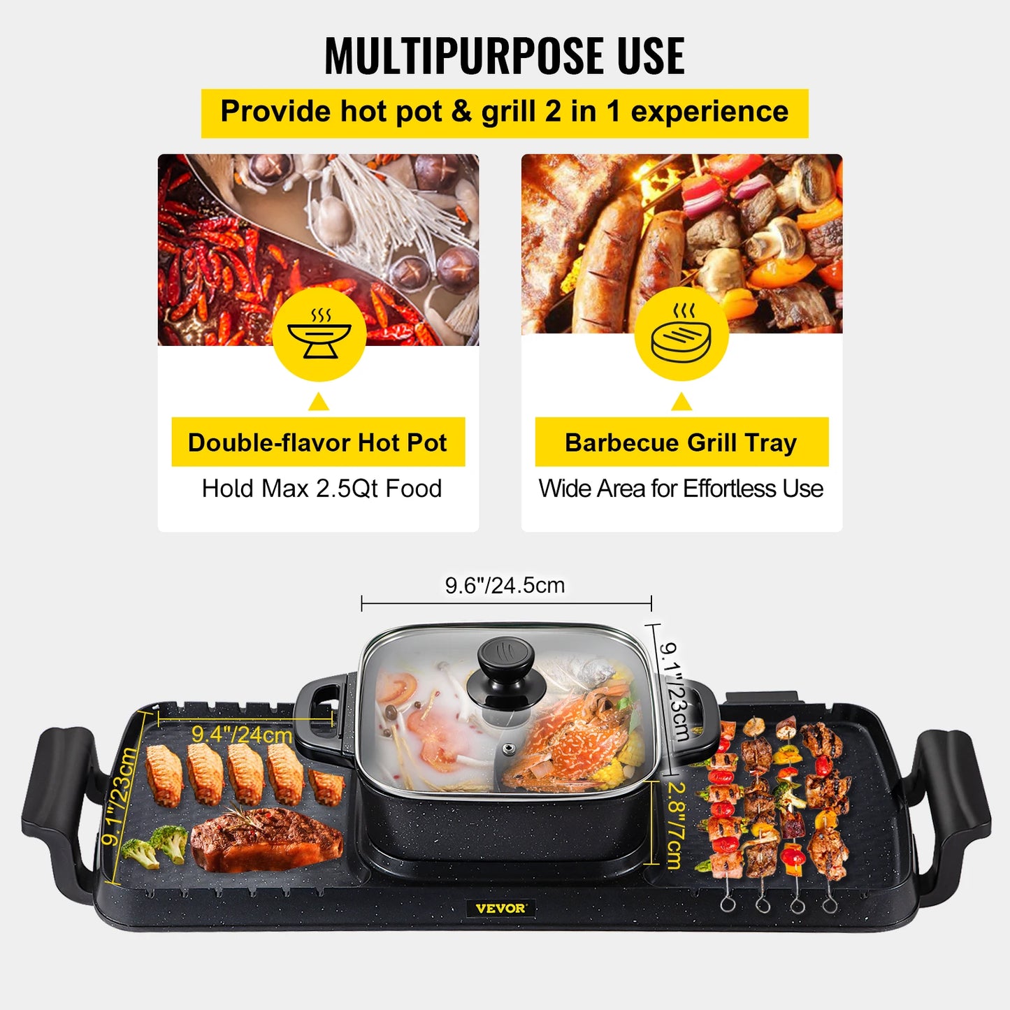 2in1 Electric BBQ Pan Grill Hot Pot 2400W Multifunction