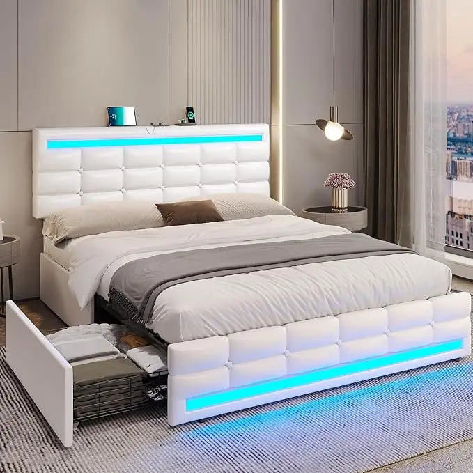 Bed Frame with Drawers, LED Bed Frame