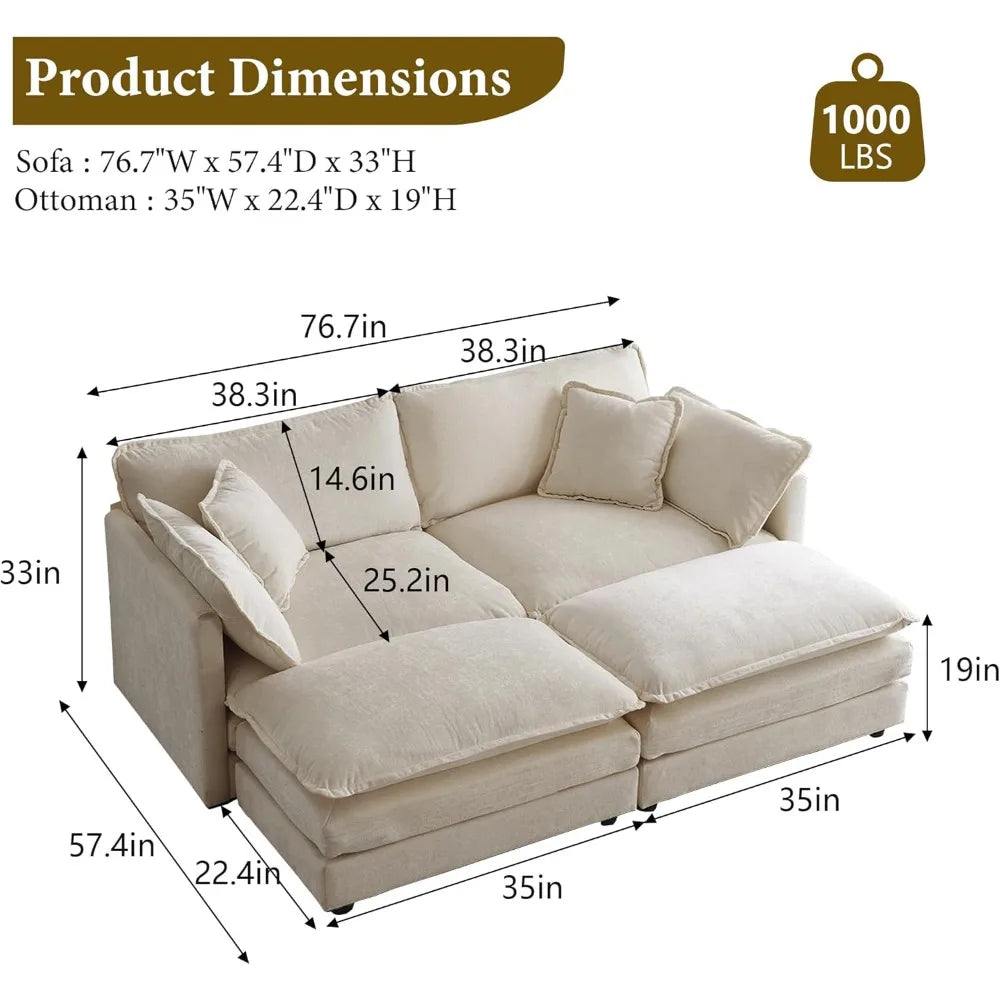 76.7" Deep Seat Sectional Cloud Sofa With 2 Ottomans