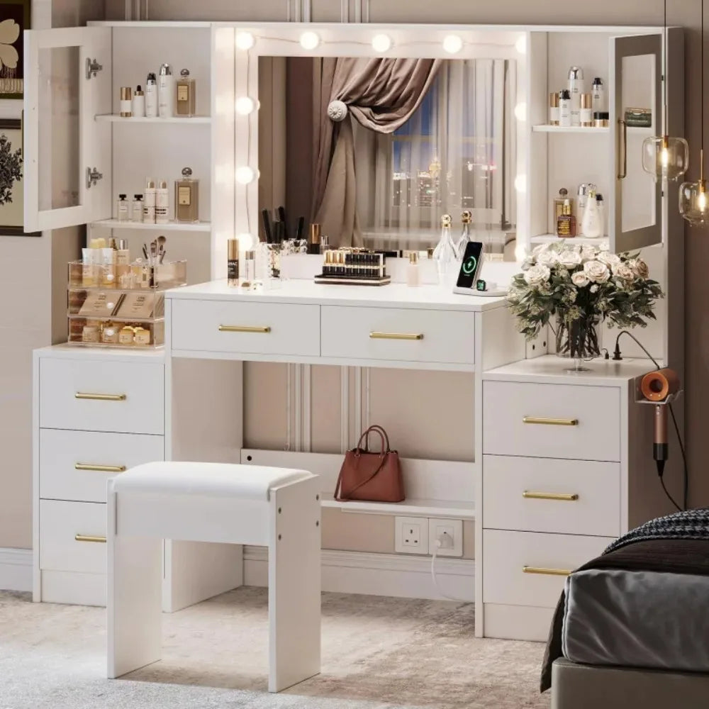 58.3" Vanity Desk With Mirror & Lights, Makeup Vanity