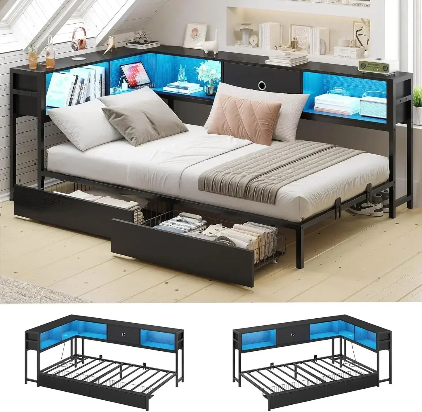 Corner Bed Frame Full Size With Bookcase