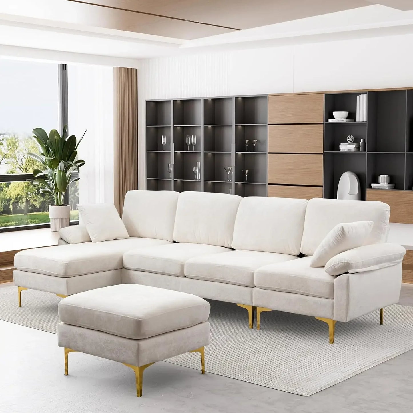 U-Shaped Sectional Sofa Couch, 4 Seat Sofa Set for Living Room, Convertible L-Shaped Velvet Couch Set with Chaise Lounge