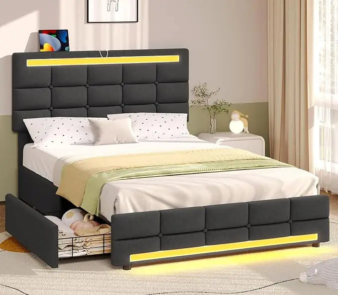 Bed Frame with Drawers, LED Bed Frame