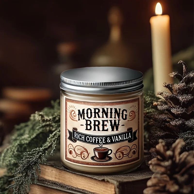 Morning Brew Rich Coffee and Vanilla Scented Candle, Hand Poured Soy Wax, Single Wick, Resin Jar with Glitter Decoration, for Ho