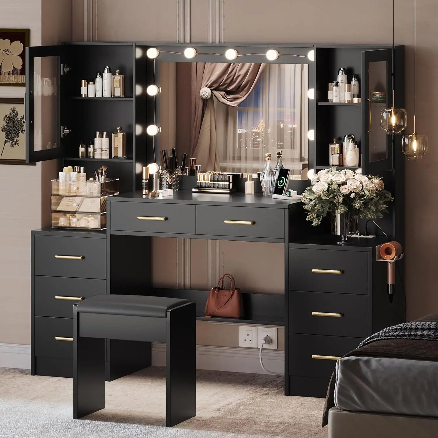 58.3" Vanity Desk With Mirror & Lights, Makeup Vanity