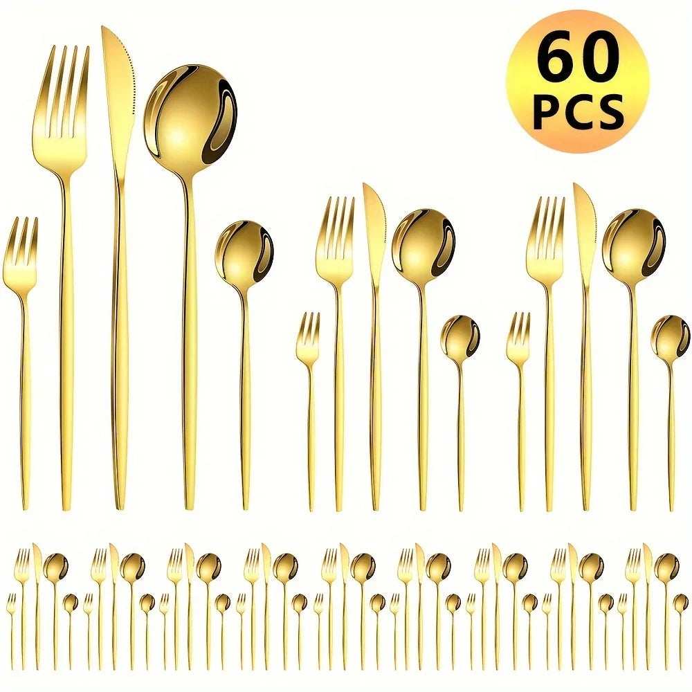 60pcs Stainless Steel - Luxe Golden Cutlery Set