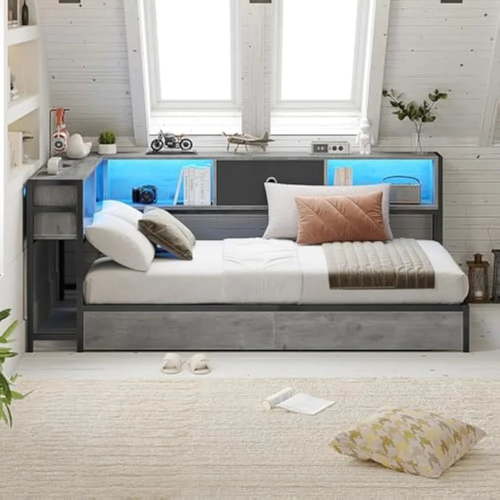 Corner Bed Frame Twin Size with Bookcase