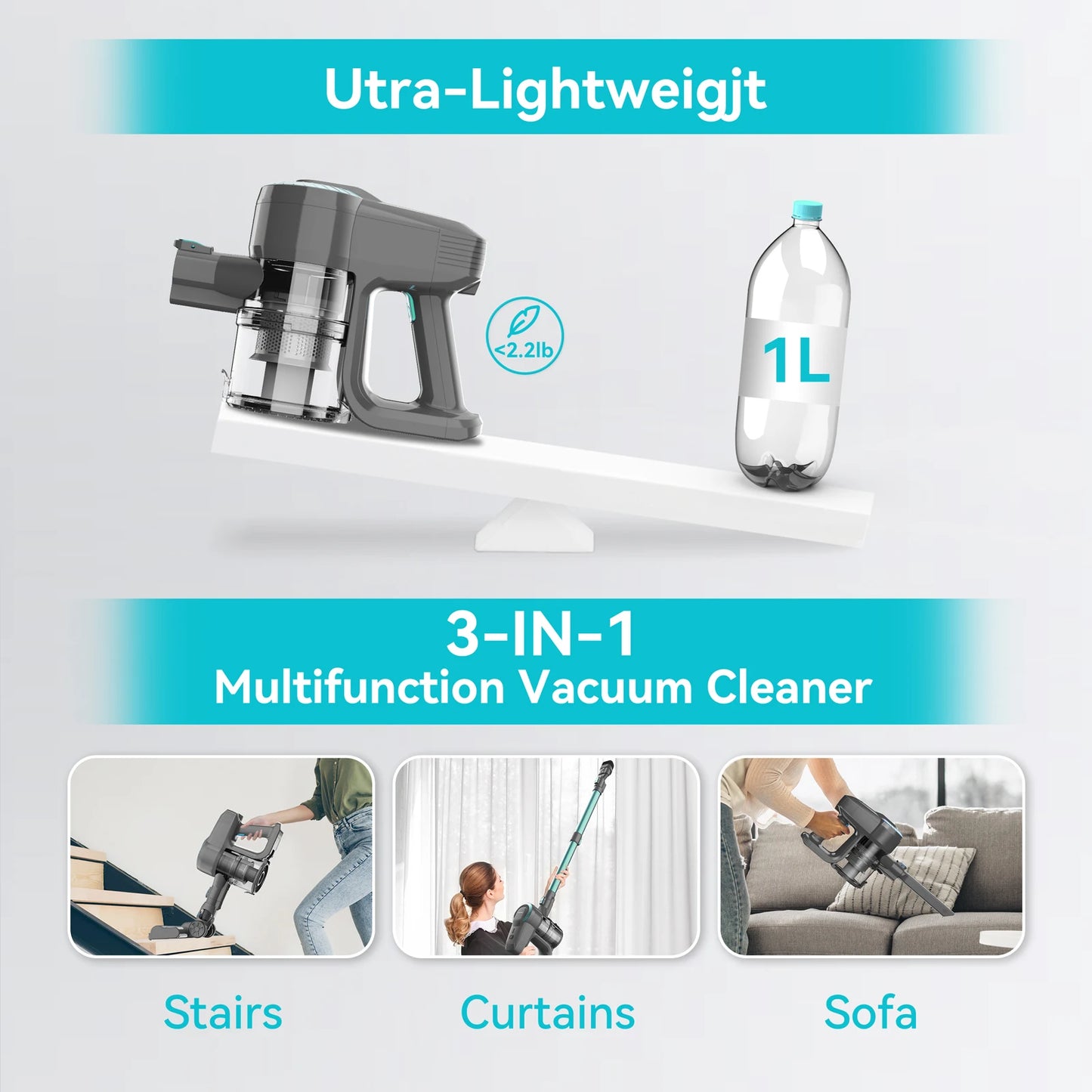 Cordless Upright Vacuum Cleaner, Ultra Lightweight Stick