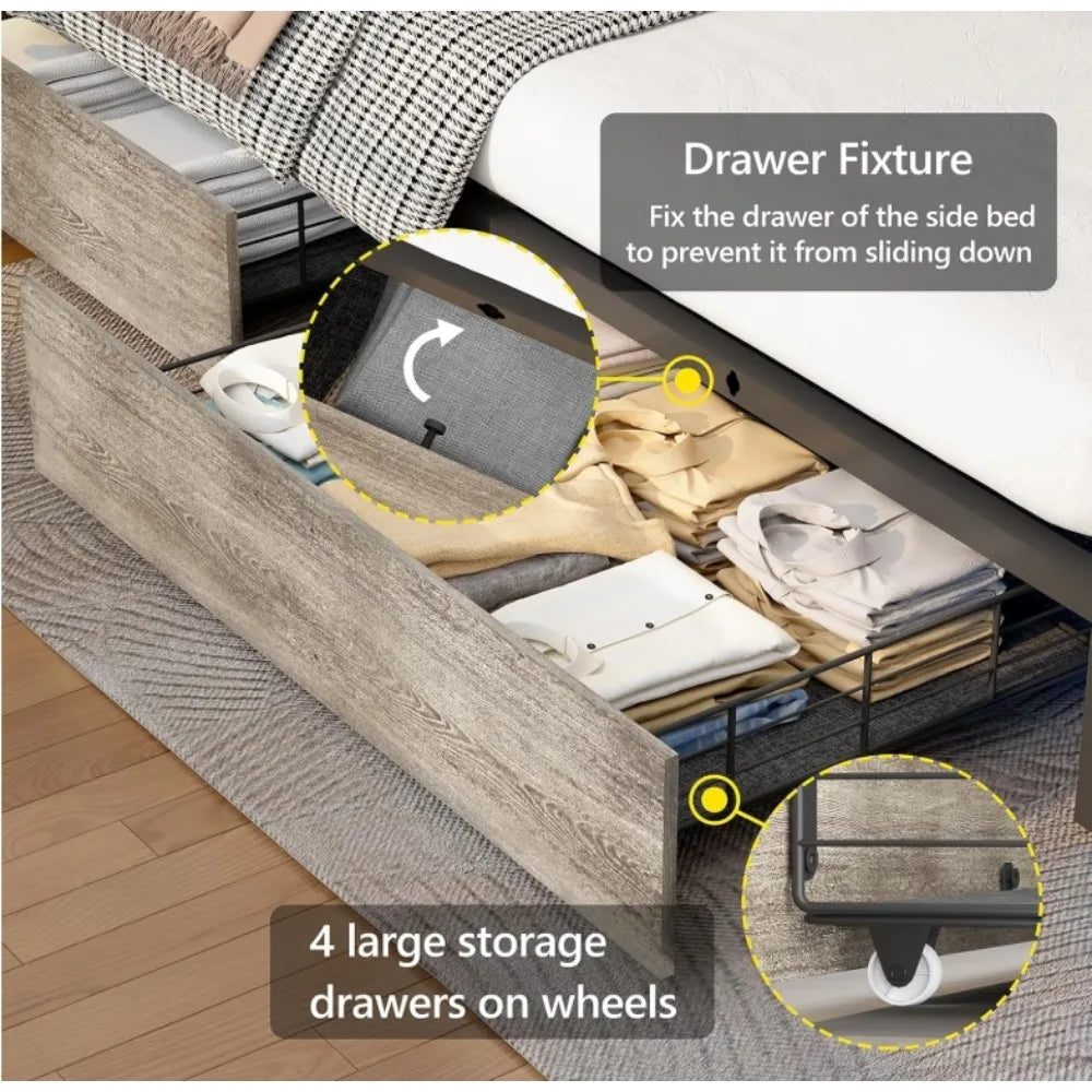 Queen Bed Frame with 4 Storage Drawers and Bookcase Headboard, Upholstered LED Bed Frame Queen with Type-C &USB Charging Station