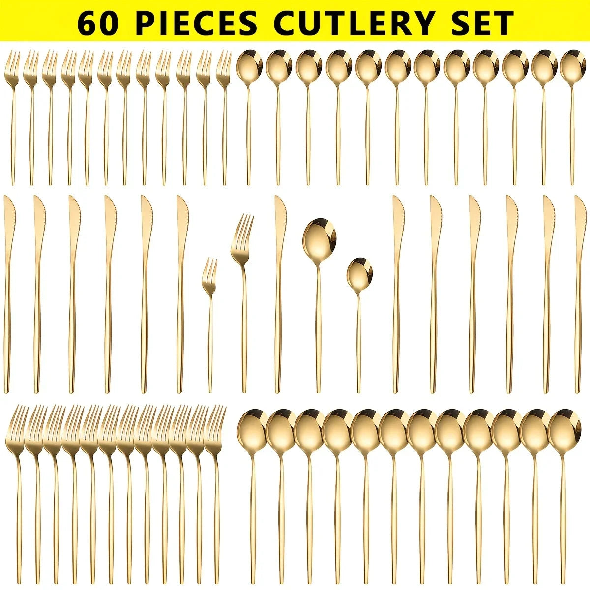 60pcs Stainless Steel - Luxe Golden Cutlery Set