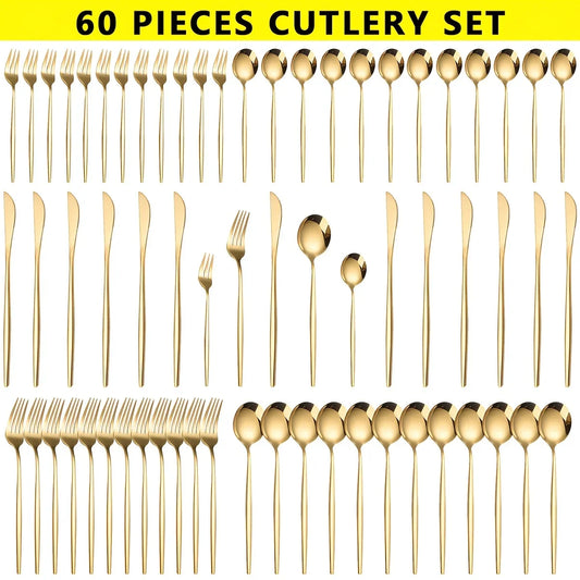 60pcs Stainless Steel - Luxe Golden Cutlery Set