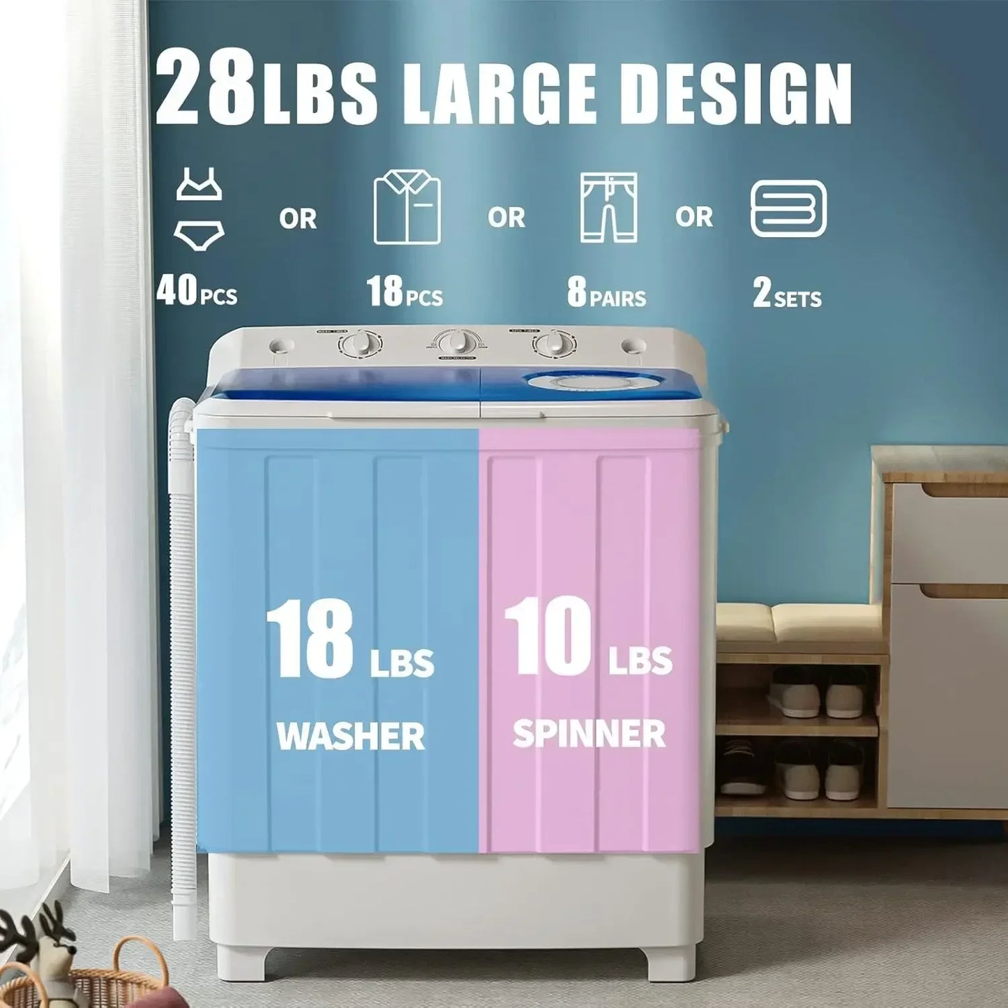 Washing Machine, 14 20 28 40 Lbs Twin Tub, Laundry Compact Washer