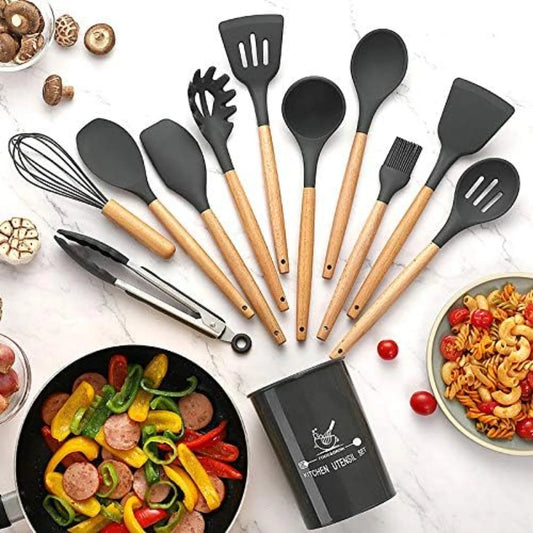 Silicone Cooking Utensils  Utensil Set, Wooden Handle