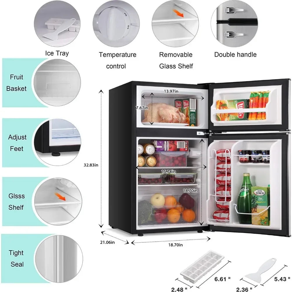 Mini Refrigerator 3.2Cu Ft Compact Defrosting Double Door Freezer