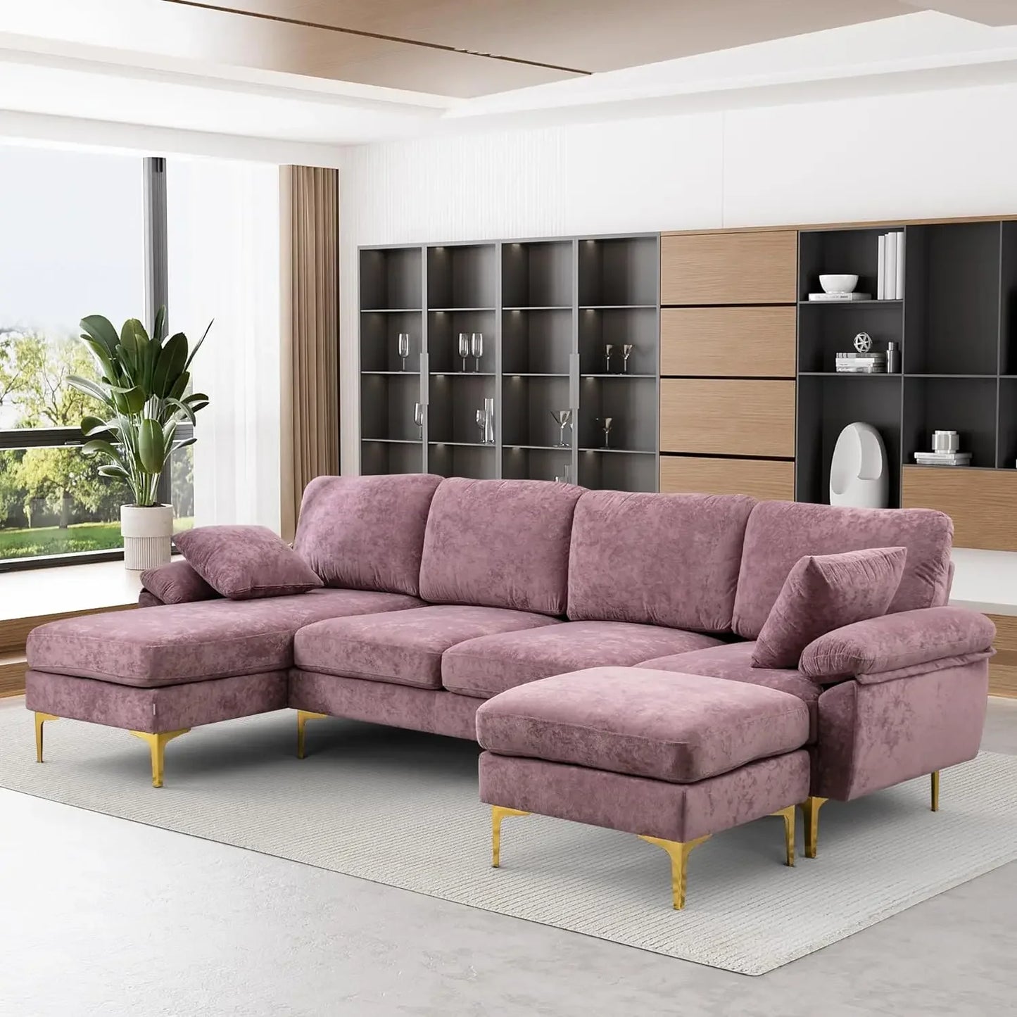 U-Shaped Sectional Sofa Couch, 4 Seat Sofa Set for Living Room, Convertible L-Shaped Velvet Couch Set with Chaise Lounge