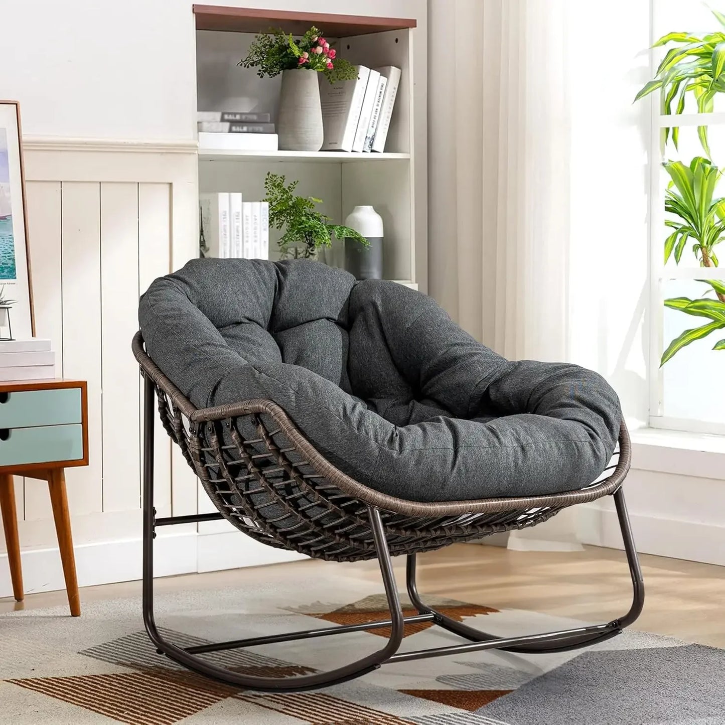 Oversized Rocking Papasan Chair With Thick Cushion