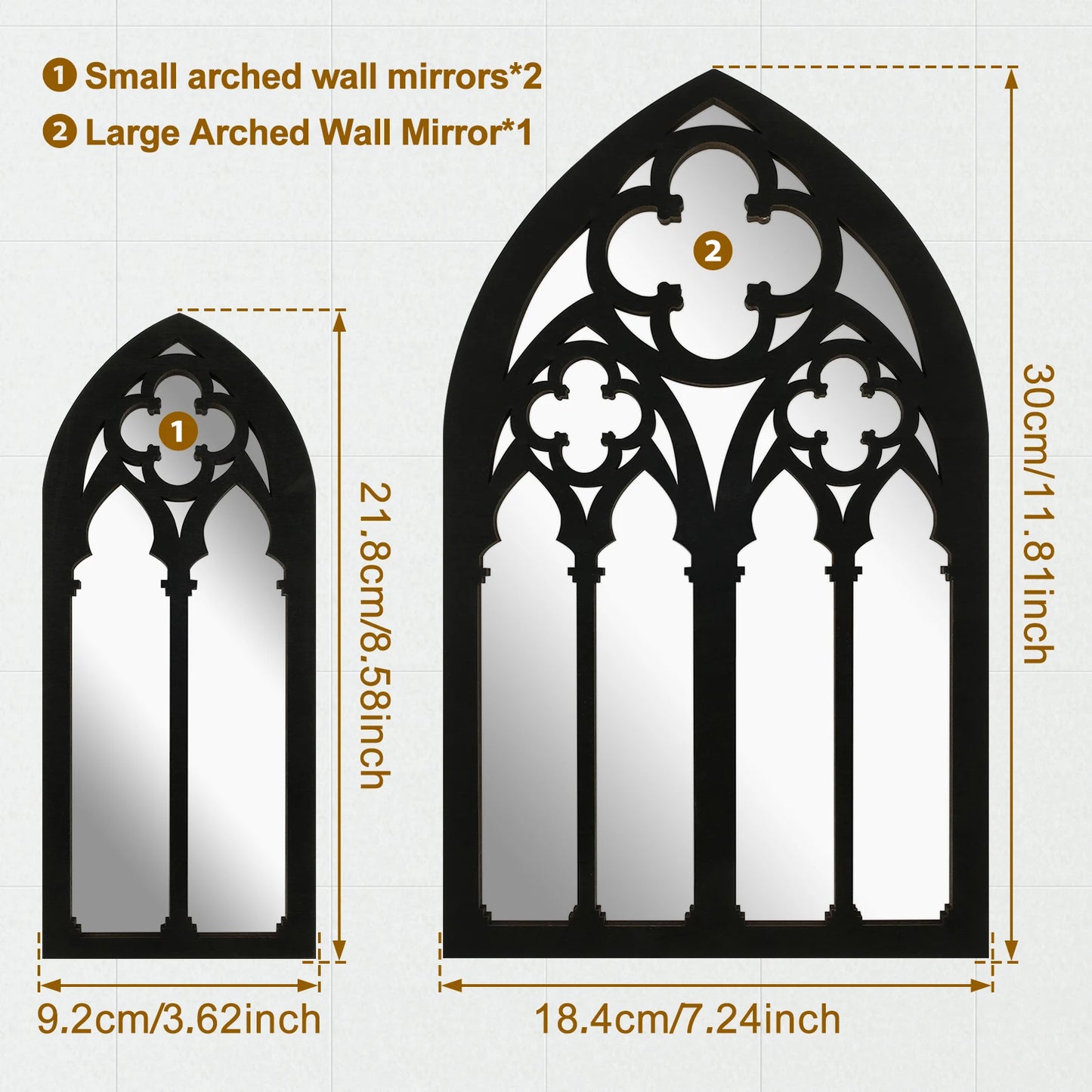 3pcs Gothic Mirrors Wall Decor Arched Decorative Mirror