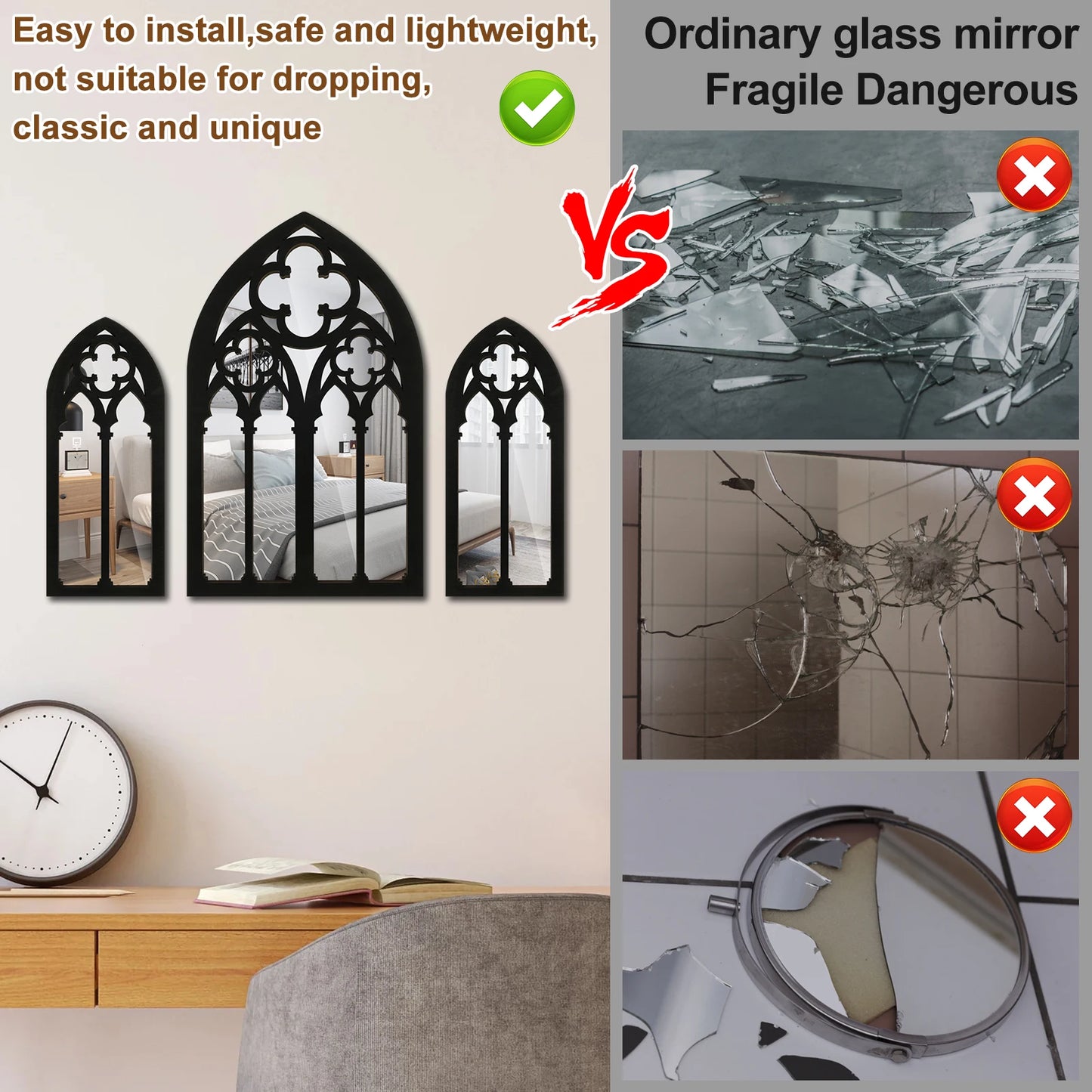 3pcs Gothic Mirrors Wall Decor Arched Decorative Mirror