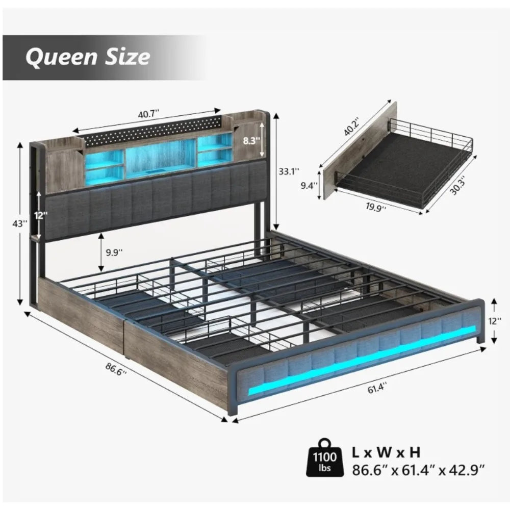 Queen Bed Frame with 4 Storage Drawers and Bookcase Headboard, Upholstered LED Bed Frame Queen with Type-C &USB Charging Station