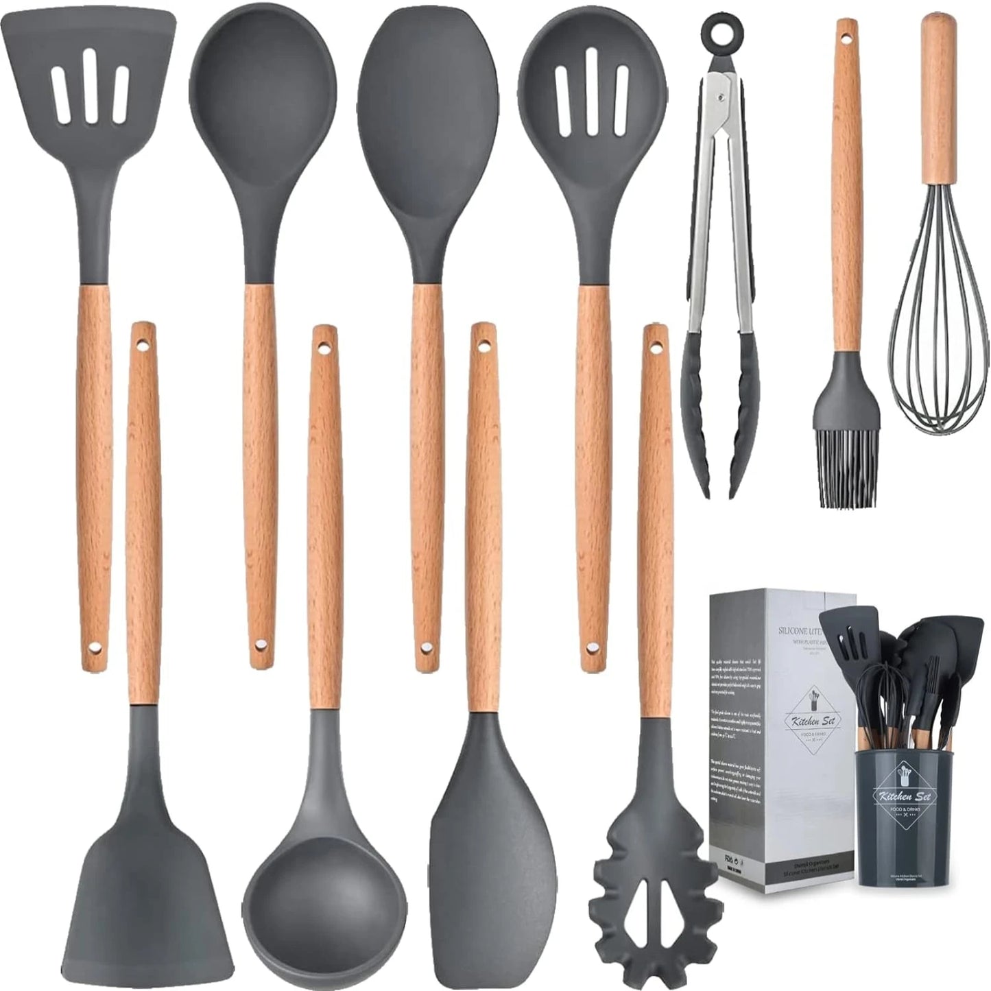 Silicone Cooking Utensils  Utensil Set, Wooden Handle