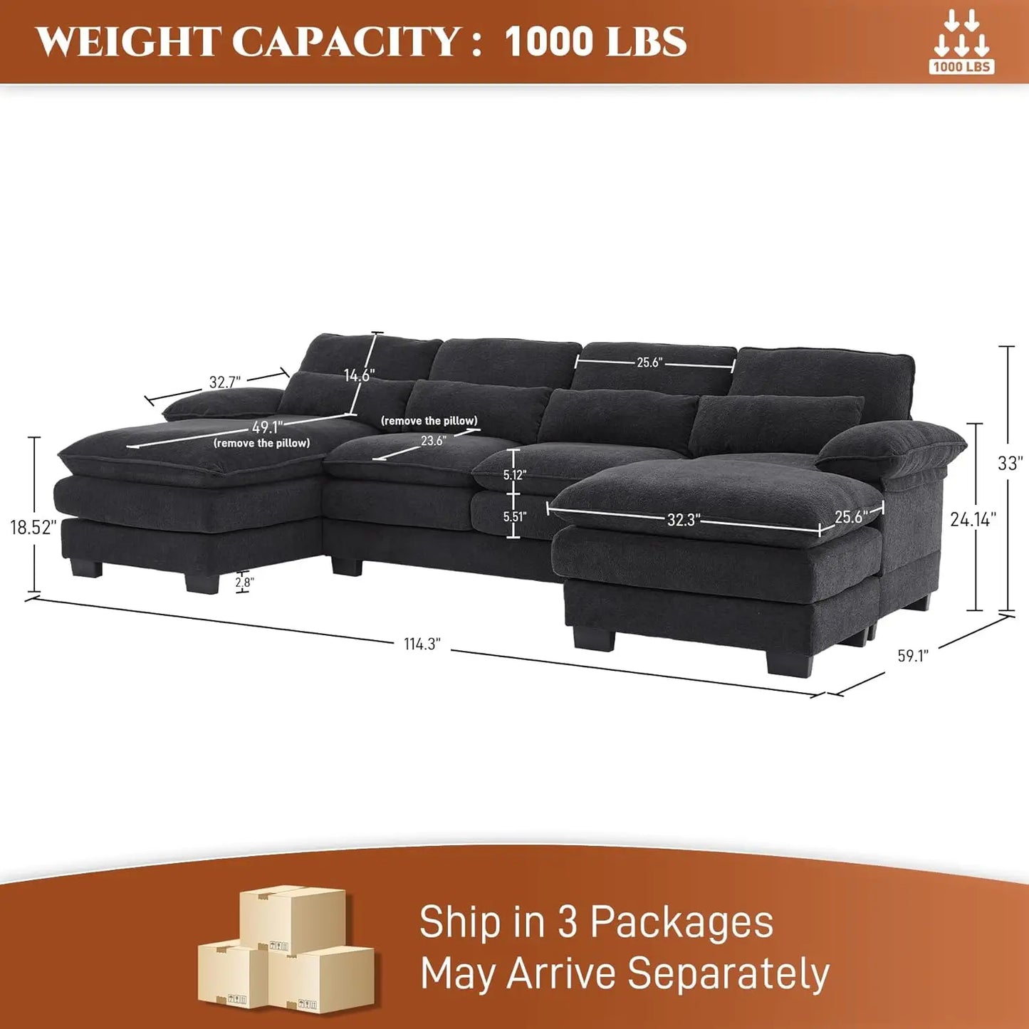 U Shape Sectional Sofa Cloud Couch For Living