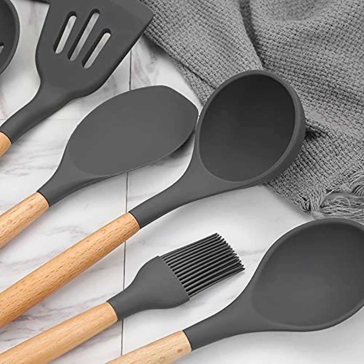 Silicone Cooking Utensils  Utensil Set, Wooden Handle