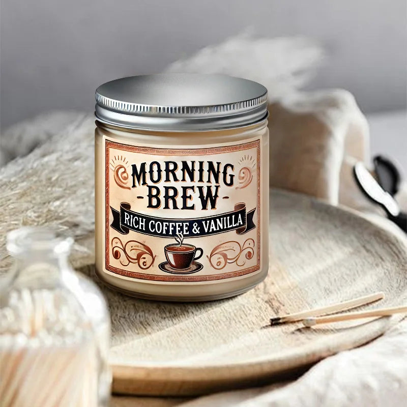 Morning Brew Rich Coffee and Vanilla Scented Candle, Hand Poured Soy Wax, Single Wick, Resin Jar with Glitter Decoration, for Ho