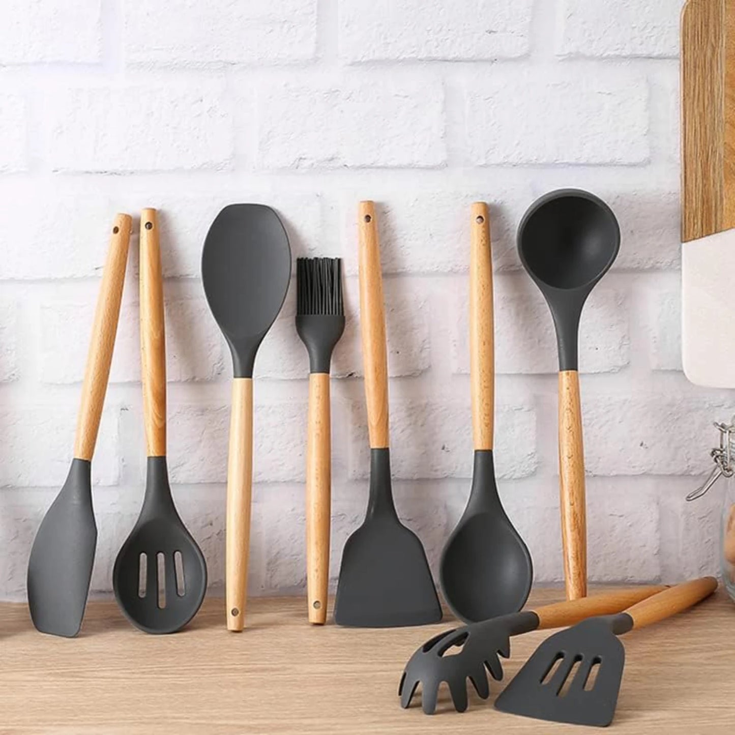 Silicone Cooking Utensils  Utensil Set, Wooden Handle