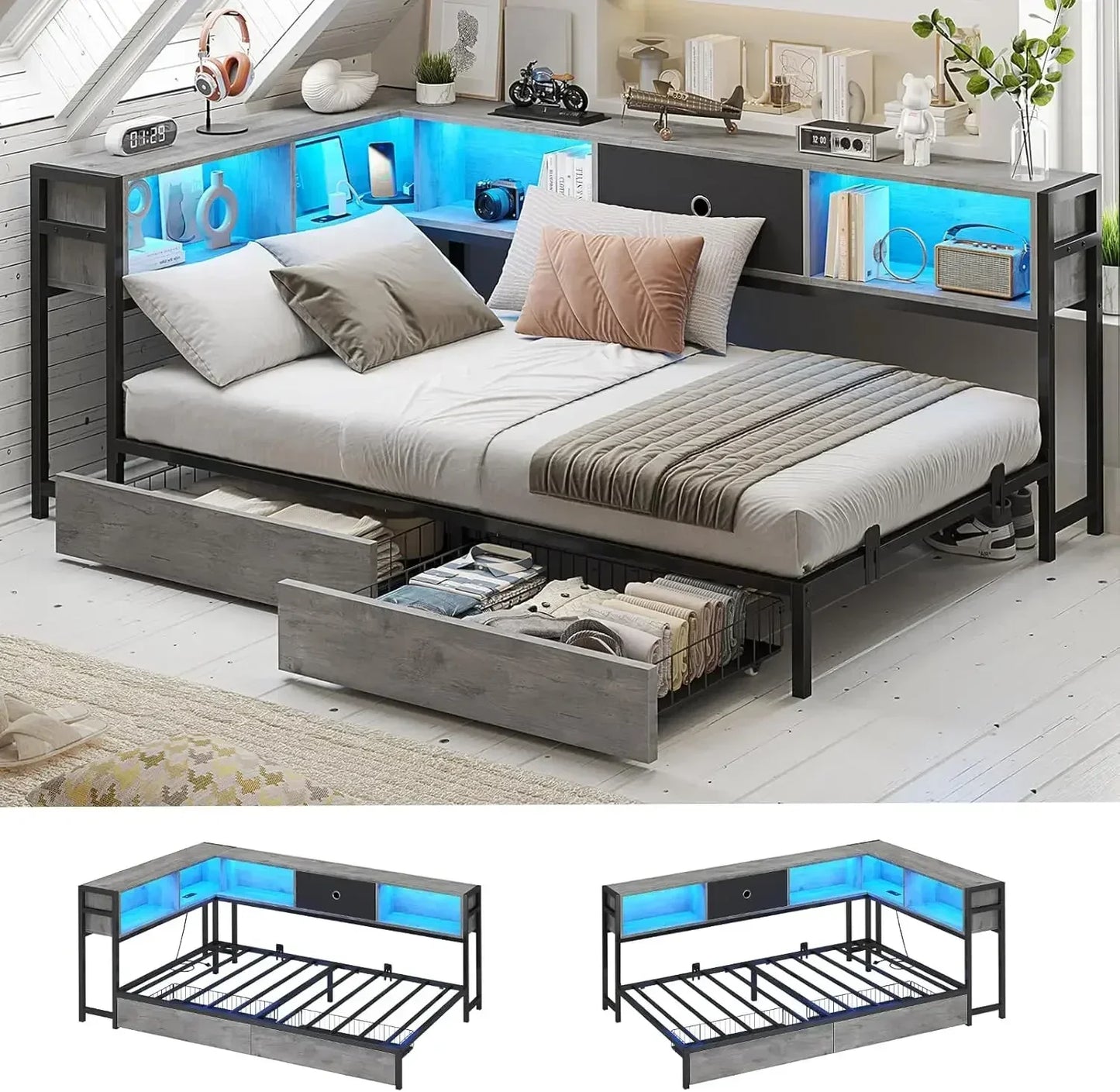 Corner Bed Frame Full Size With Bookcase