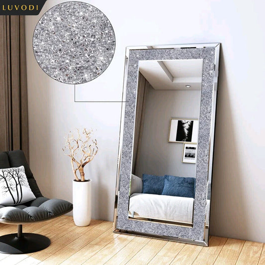 LUVODI Large Silver Sparkly Crystal Rhinestone Diamond Frameless Vanity Mirrors Wall Mounted Dressing Mirror for Home/Hotel