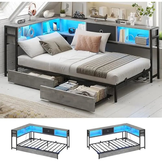 Corner Bed Frame Twin Size with Bookcase