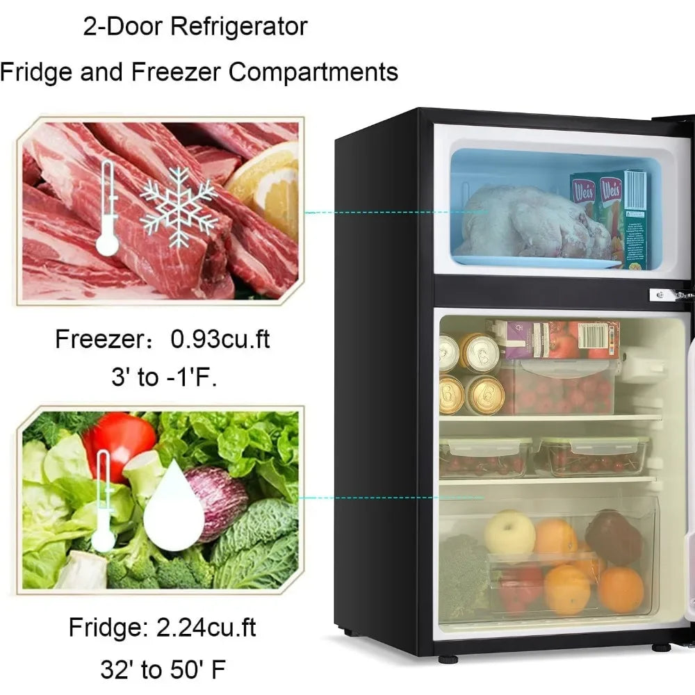 Mini Refrigerator 3.2Cu Ft Compact Defrosting Double Door Freezer