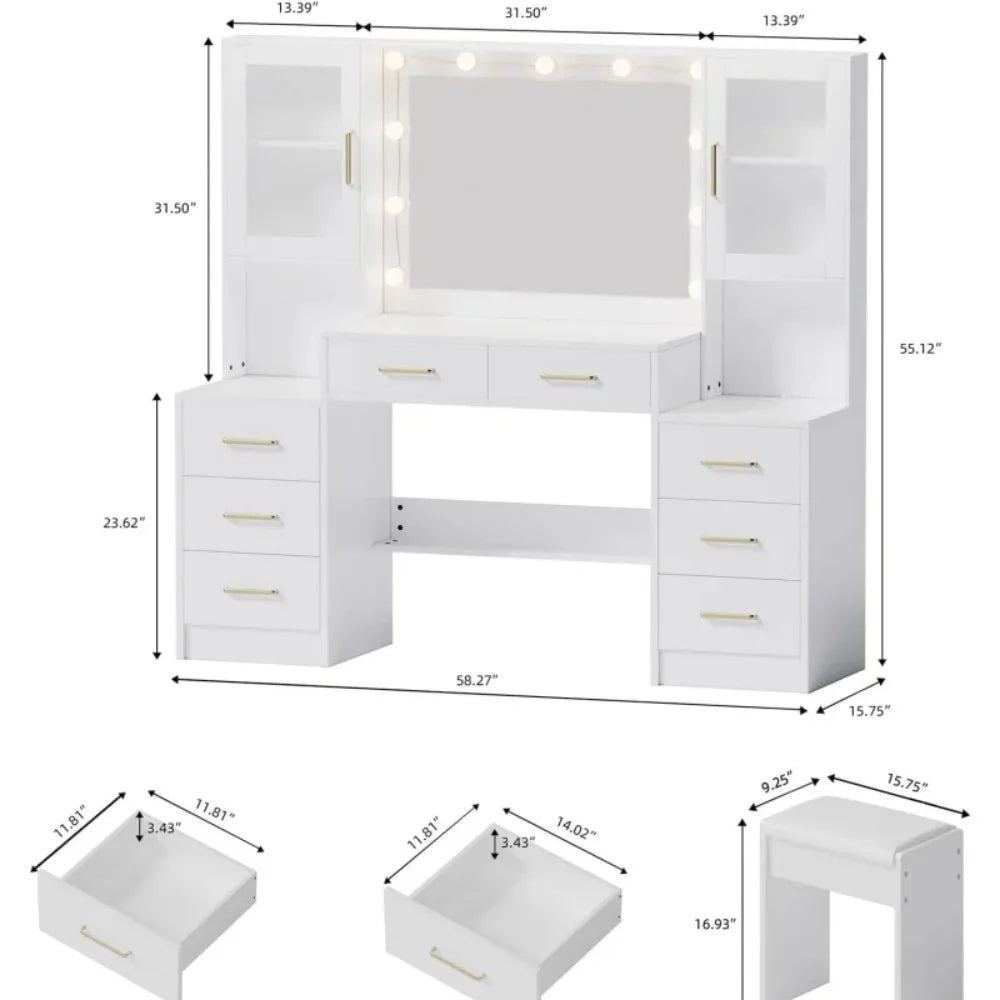 58.3" Vanity Desk With Mirror & Lights, Makeup Vanity